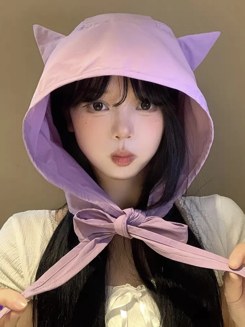 日系可爱小恶魔绑带耳朵速干渔夫帽子女春夏季薄款防晒遮阳头巾帽