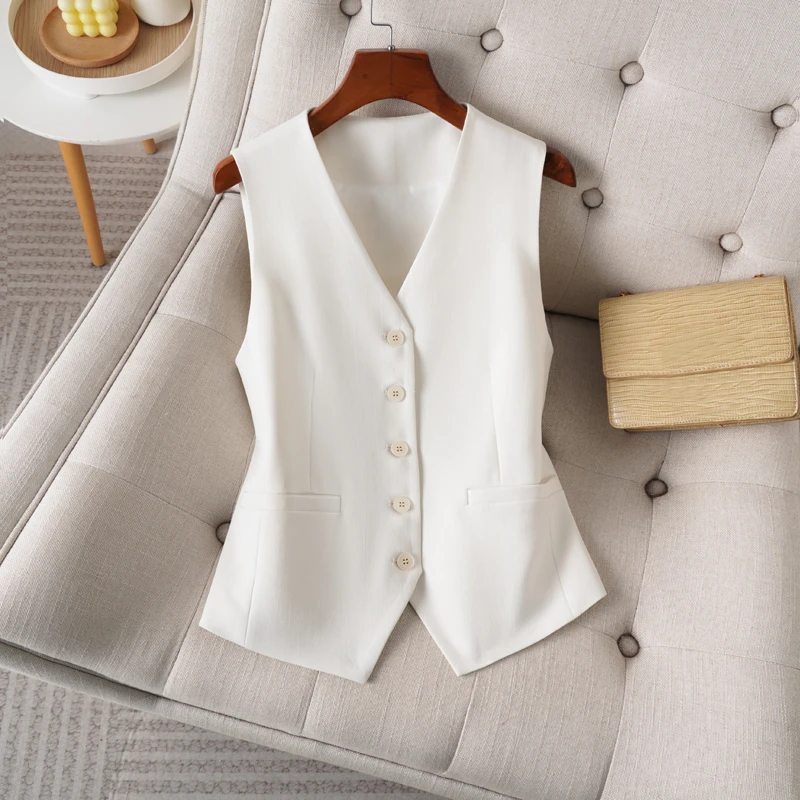 白色V领马甲女装短款春秋新款单排扣职场气质高级感马夹外搭内搭