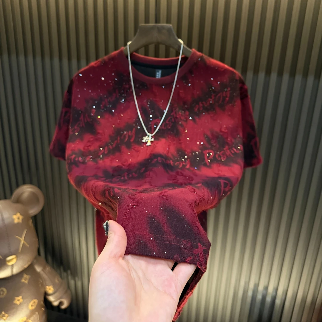 新年短袖330g满天星字母男款亮闪破洞男上衣爆款轻奢半袖圆领潮流