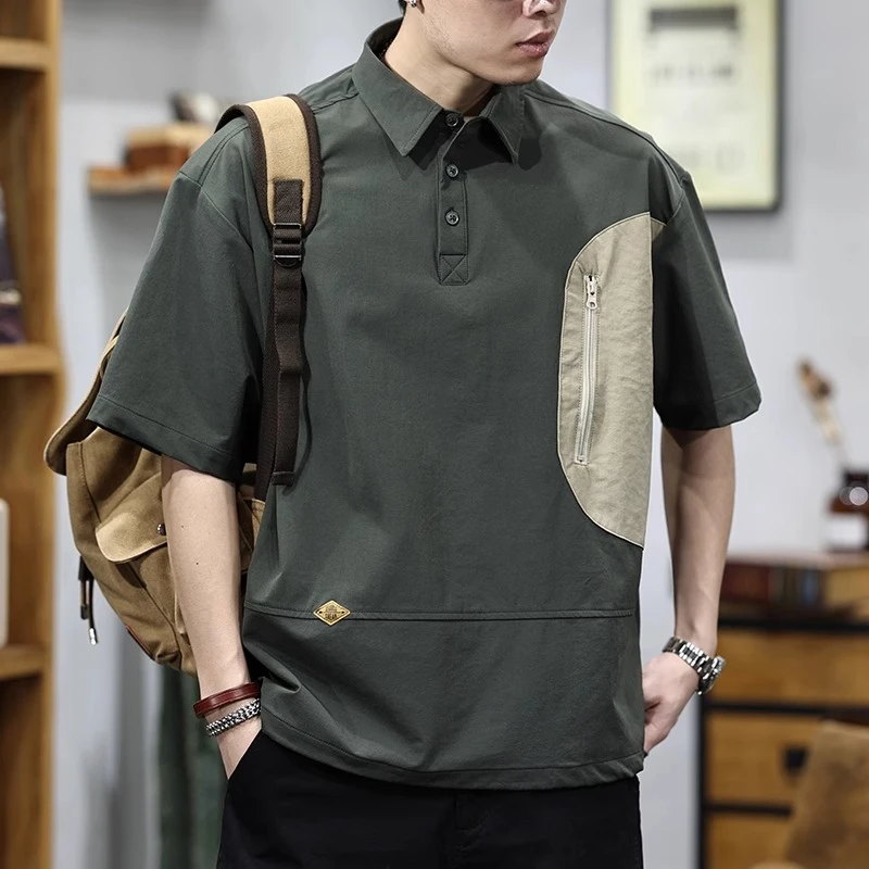 潮龛拼接撞色短袖polo衫男士夏季冰丝翻领t恤宽松半袖口袋衬衣男
