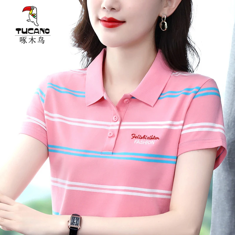 TUCANO/啄木鳥正品棉质夏季短袖条纹中年妈妈女装T恤新款POLO显瘦