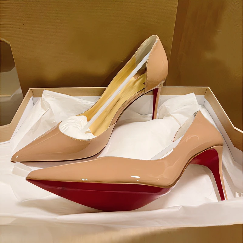 裸色高跟鞋女细跟新款红底鞋尖头浅口气质漆皮职业侧空单鞋（08）