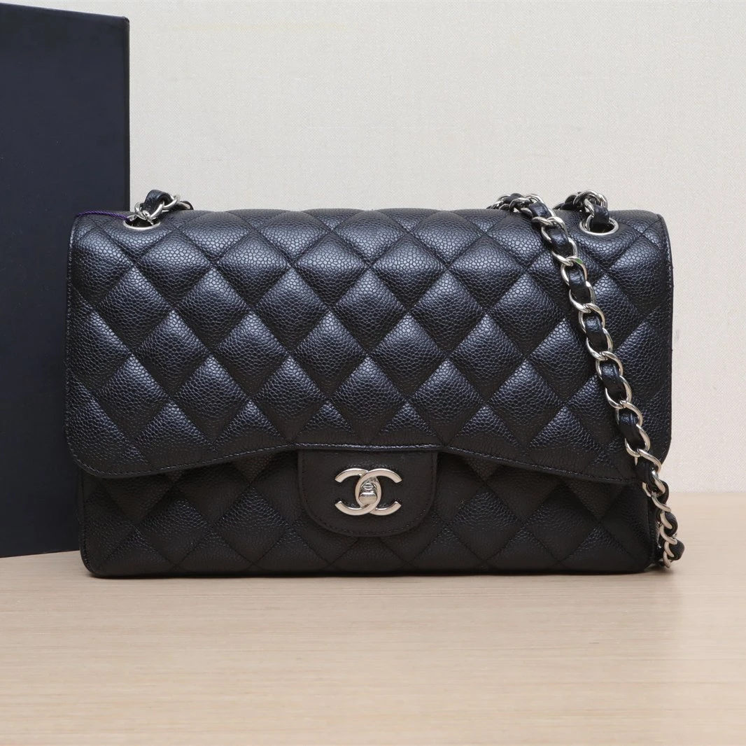 99新 Chanel/香奈儿 【黑黑】CF 口盖包 JUMBO 黑色 26开 菱格纹