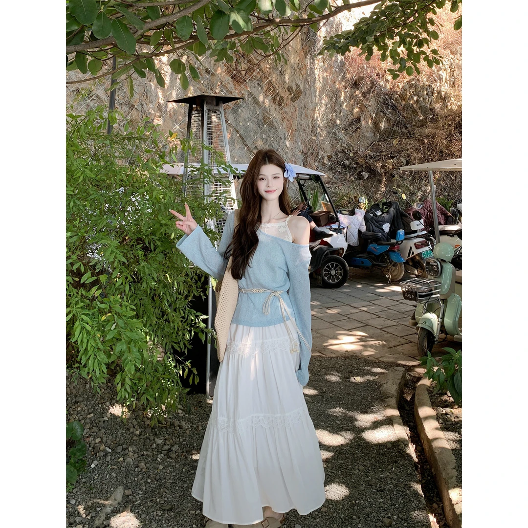 温柔气质甜妹风长袖圆领假两件T恤上衣+蕾丝花边蛋糕半身裙两件套