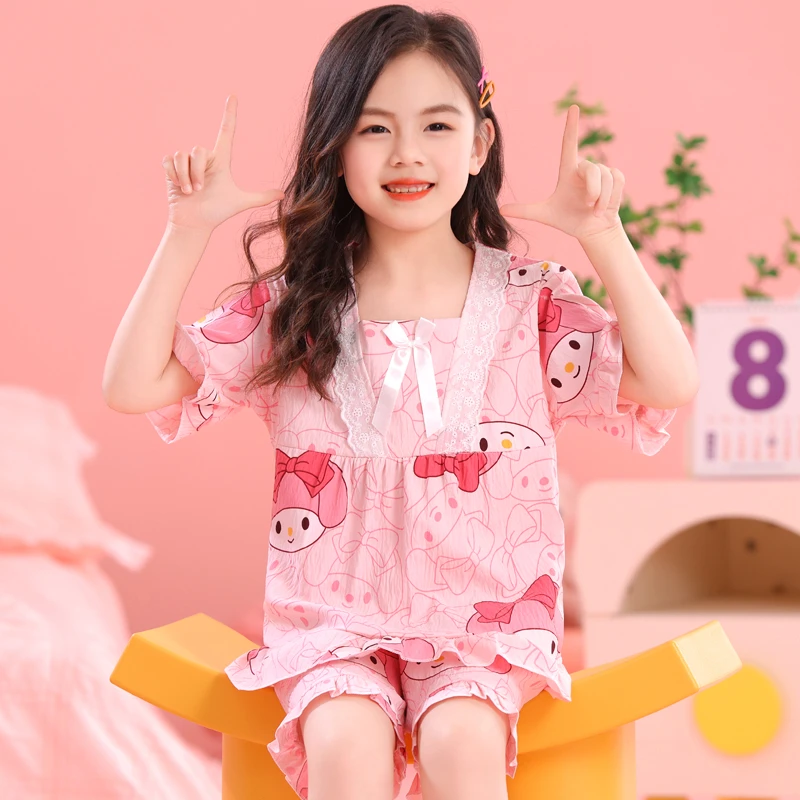 儿童宝宝家居服女童云朵棉短袖睡衣夏季薄款中大童卡通小女孩套装