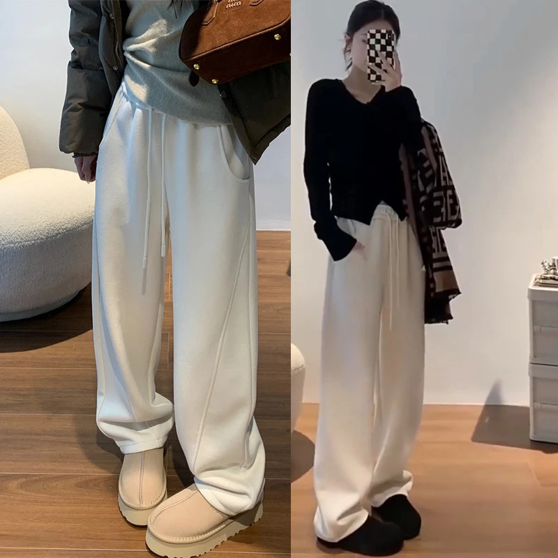 白色阔腿裤女秋冬休闲羊呢香蕉加厚卫裤宽松运动裤垂感弯镰刀裤子
