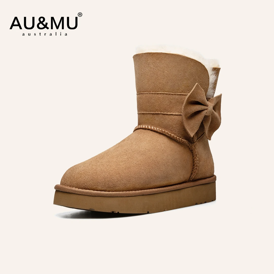 AUMU2025冬季新品雪地靴女皮毛一体时尚淑女蝴蝶结百搭中筒靴2113