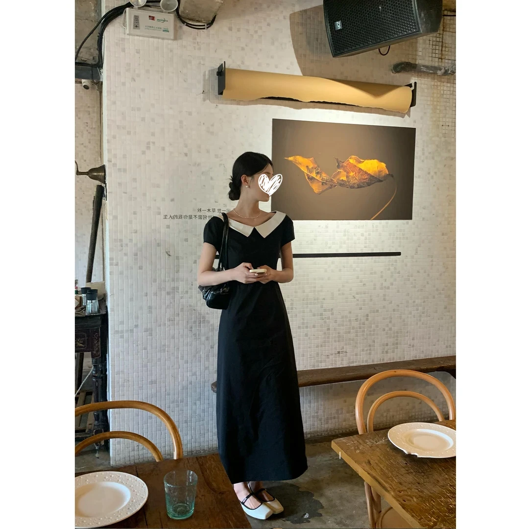 洋气衣服女2025年夏季法式气质优雅翻领撞色连衣裙千金贵气名媛风