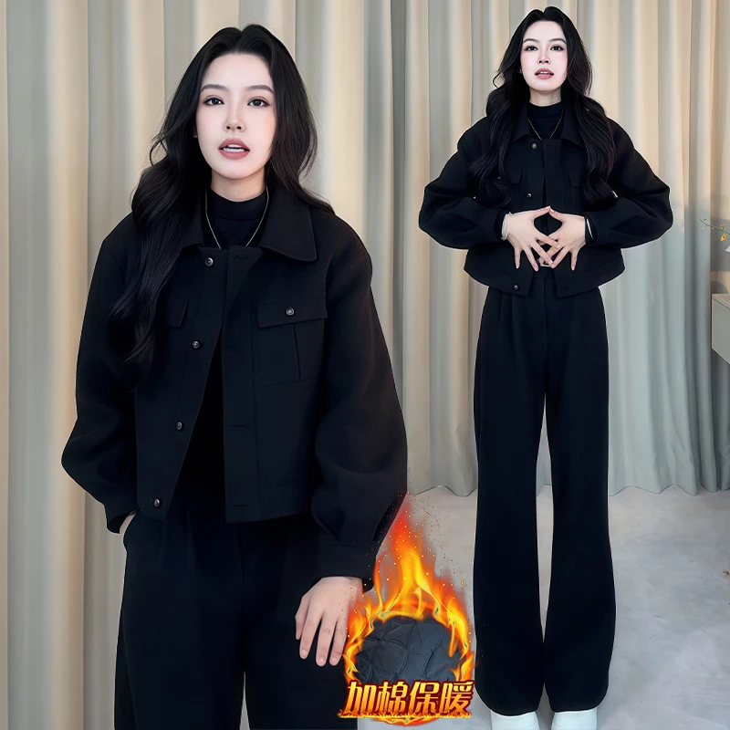 法式气质时尚套装女2025年冬季新款加厚毛呢外套高腰阔腿裤两件套