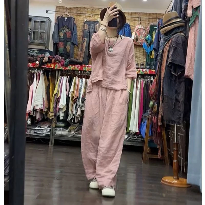 时尚两件套欧洲站2025夏季新款洋气百搭宽松圆领衬衫高腰纯色裤子