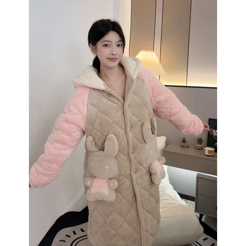 【冬款福利】新款秋冬季天女士三层夹棉睡衣大码套装加绒加厚家居服