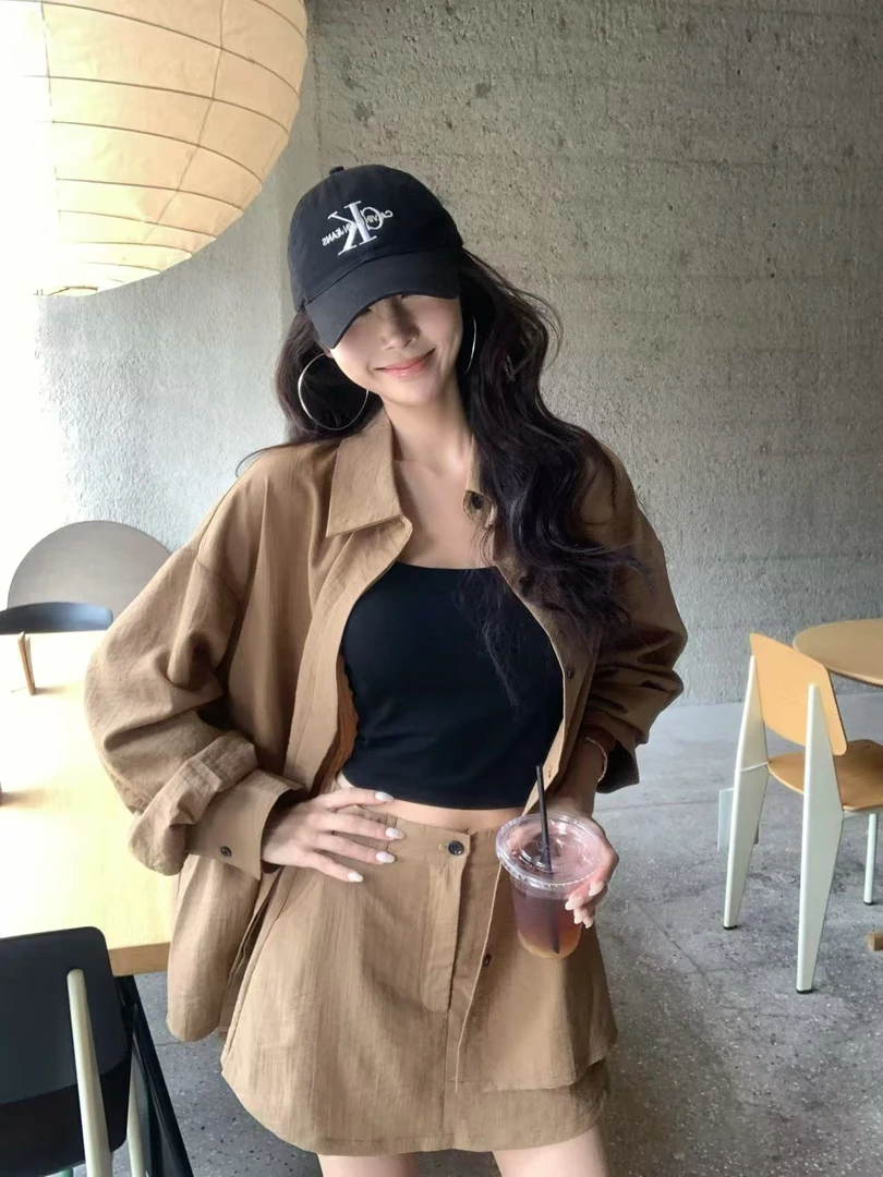 慵懒休闲卡其色宽松百搭长袖气质衬衫高腰显瘦休闲半身裙套装女夏