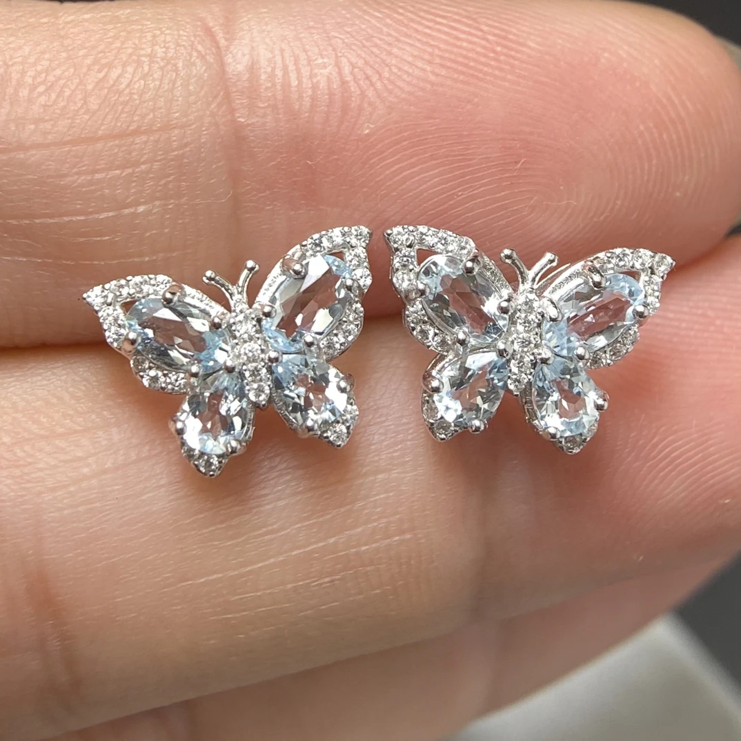 蝴蝶天然海蓝宝石耳钉耳饰s925银高级轻奢设计精致气质时尚百搭G