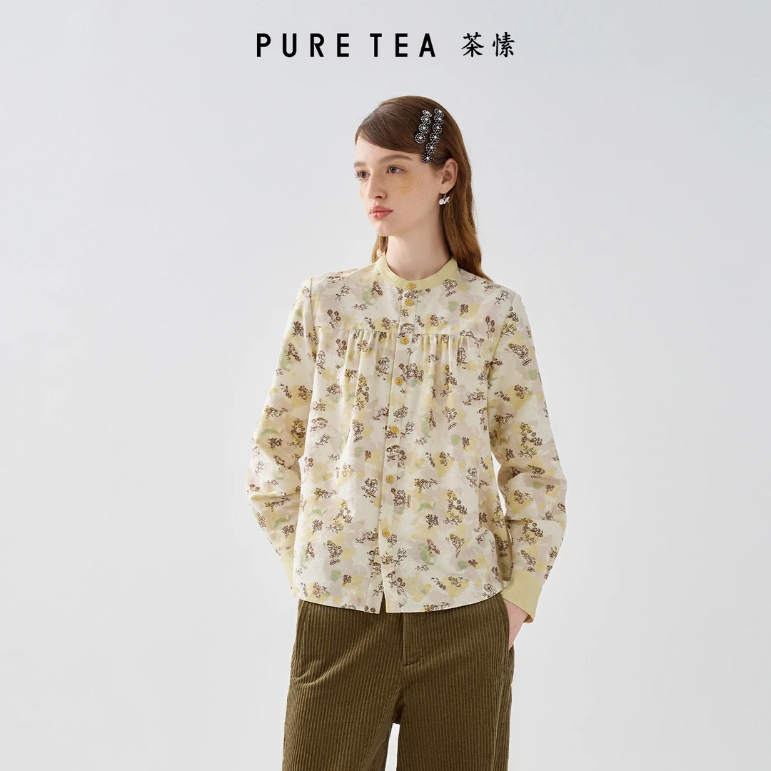 puretea茶愫诗意提花收褶设计绮彩渐染花衬衫秋KB2201D31