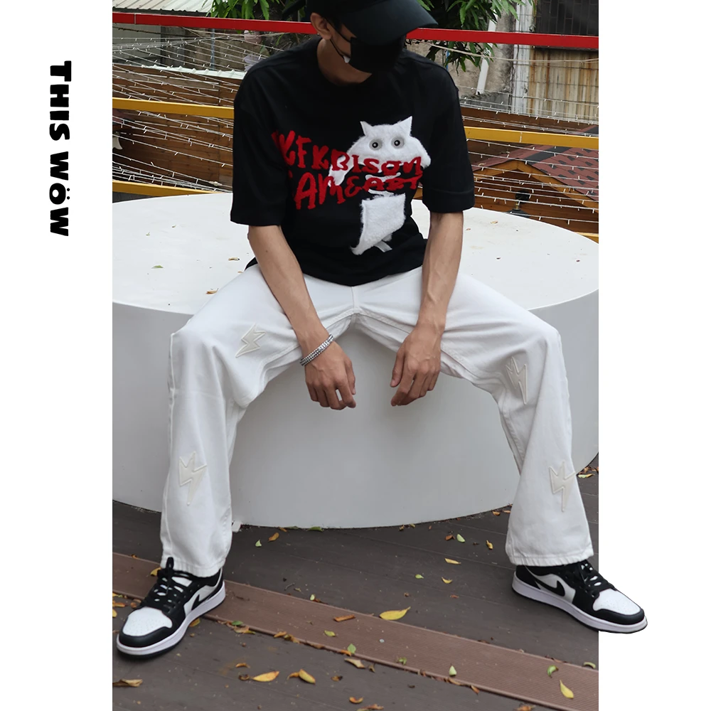 THIS WOW多巴胺白牛美式轻奢直筒宽松裤贴皮白色轻奢痞帅男装