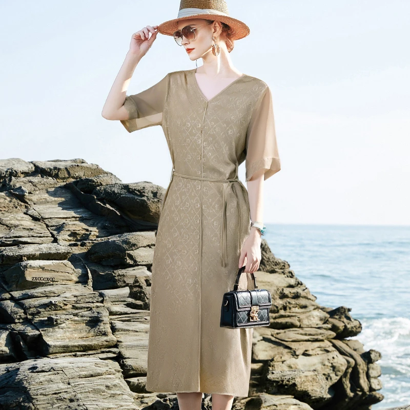 精品冠乐绉重磅桑蚕丝连衣裙女夏季2025新款长款气质丝绸真丝裙子