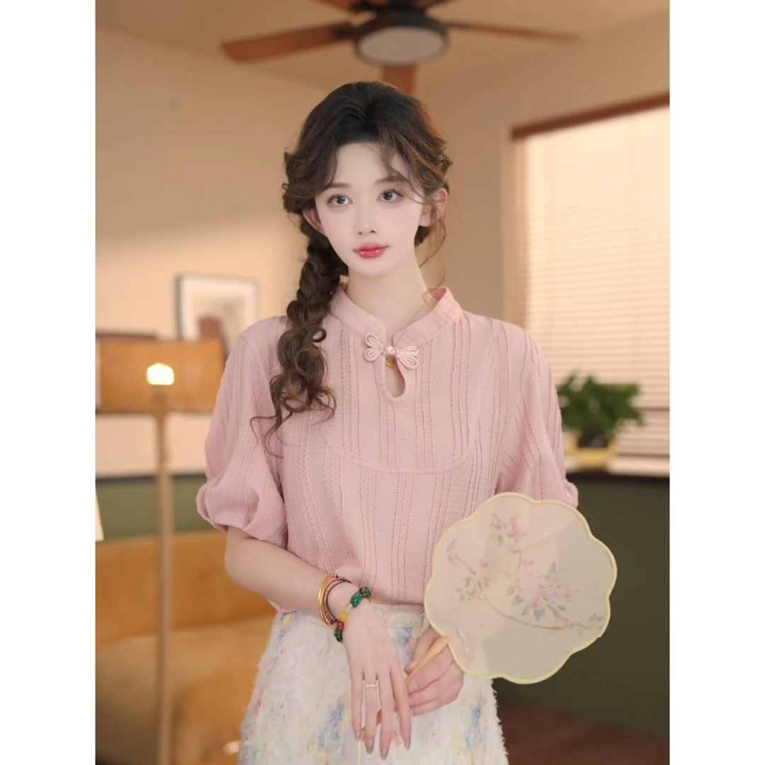 余紫绮【晚夏】波浪条针织短袖衬衫女宽松休闲上衣ZS1115074