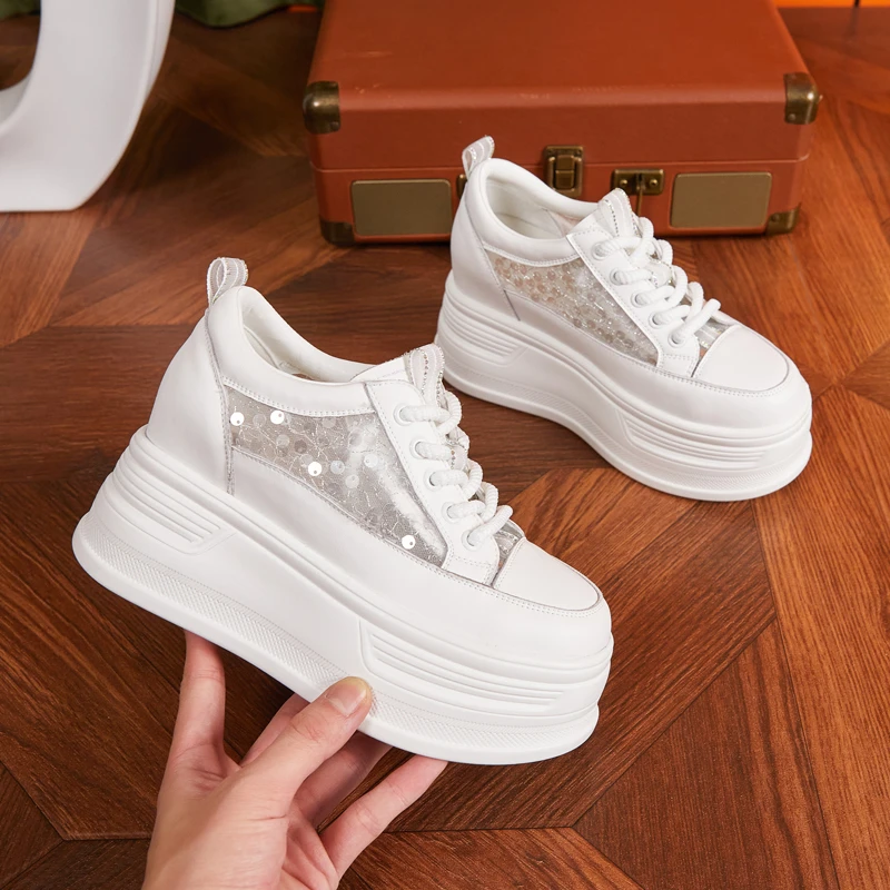 8cm亮片网面小白鞋女夏2025透气百搭厚底松糕鞋小个子内增高女鞋