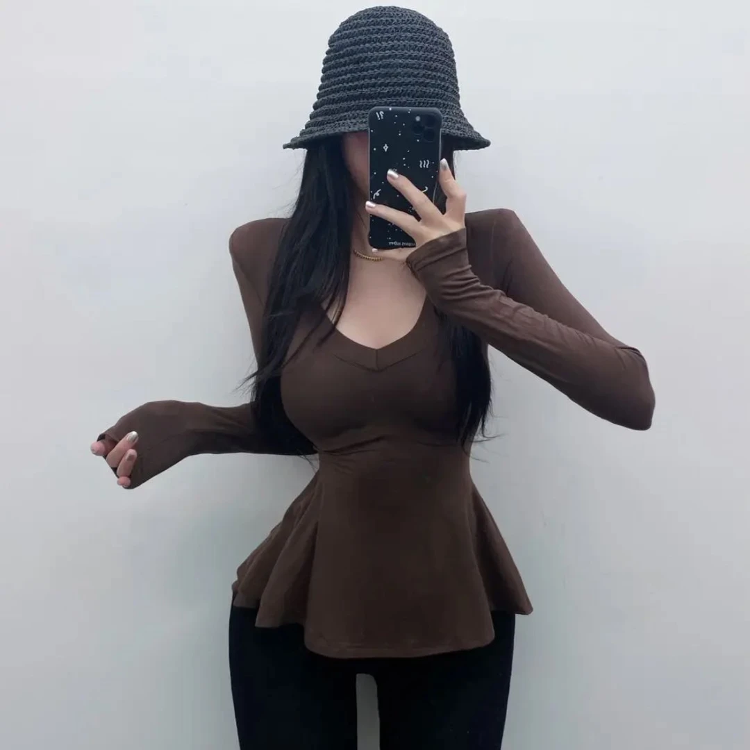 早秋辣妹长袖长款荷叶边下摆V领T恤收腰显瘦修身百搭上衣女9090