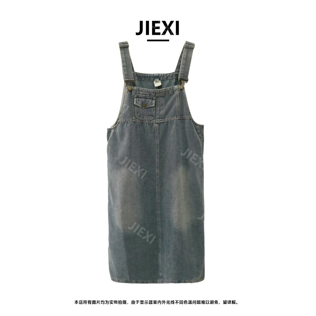 JIEXI韩版复古洗水软牛仔显瘦后开叉过膝吊带连衣裙背带裙jx1107
