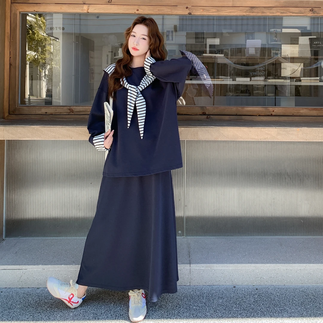 深蓝色休闲套装女2025秋季新款慵懒风连帽披肩卫衣半身裙子两件套