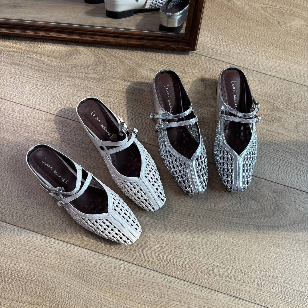 2cm/XW2144编织镂空包头半拖鞋女外穿夏季透气法式内增高凉拖鞋