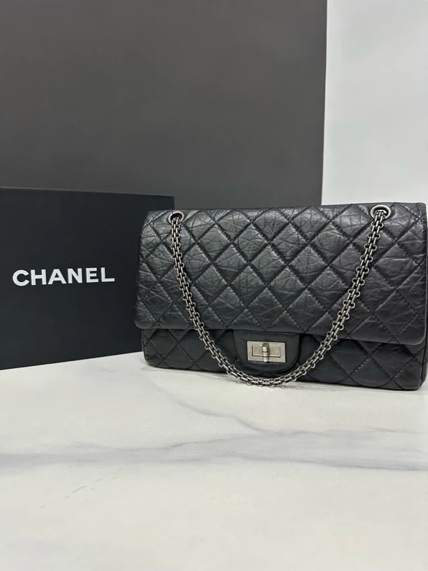 95新 Chanel/香奈儿 黑银2.55链条包14开32cm/0295011717