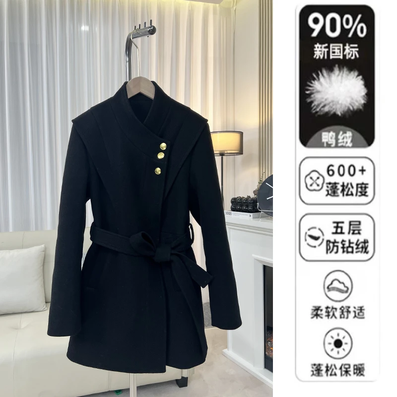 黑色90白鸭绒毛呢外套大衣冬季新款腰带设计感羽绒呢子大衣女西装