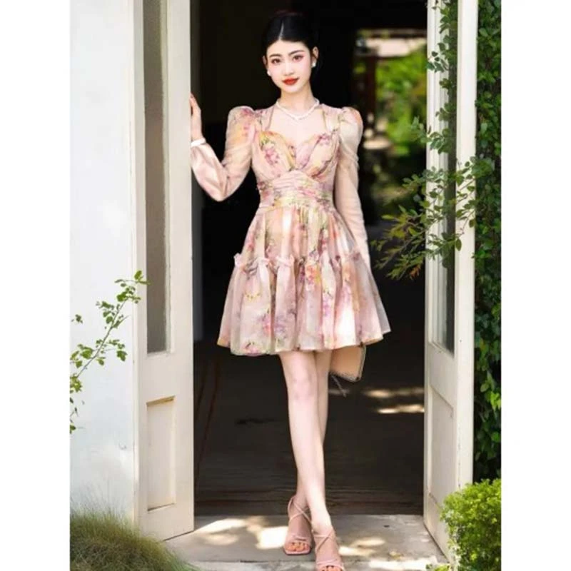 【V】【有里布】设计师品牌高级感碎花时尚气质收腰长袖连衣裙女D3183