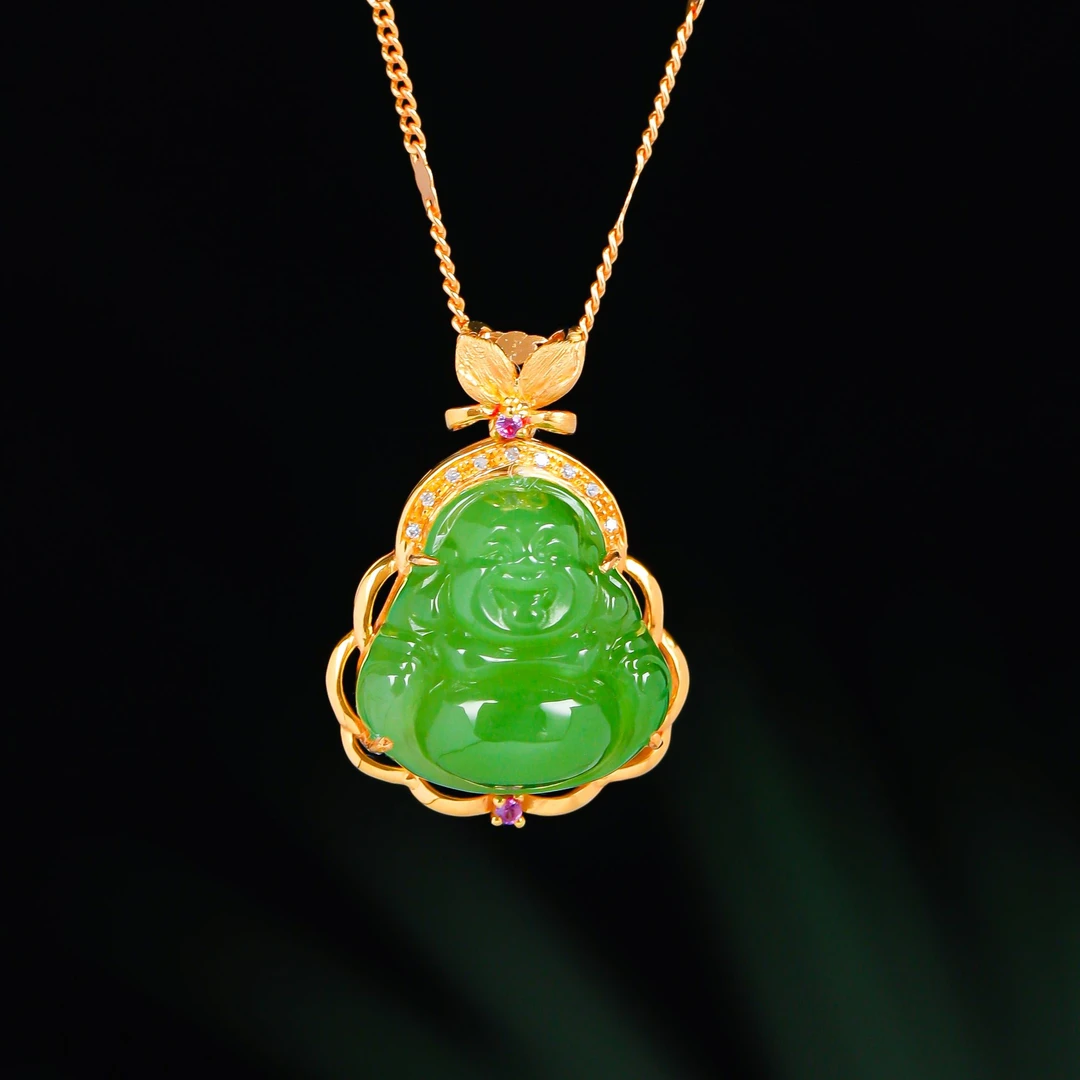 18K金蝴蝶镶嵌15*16mm苹果绿佛HNZ14814