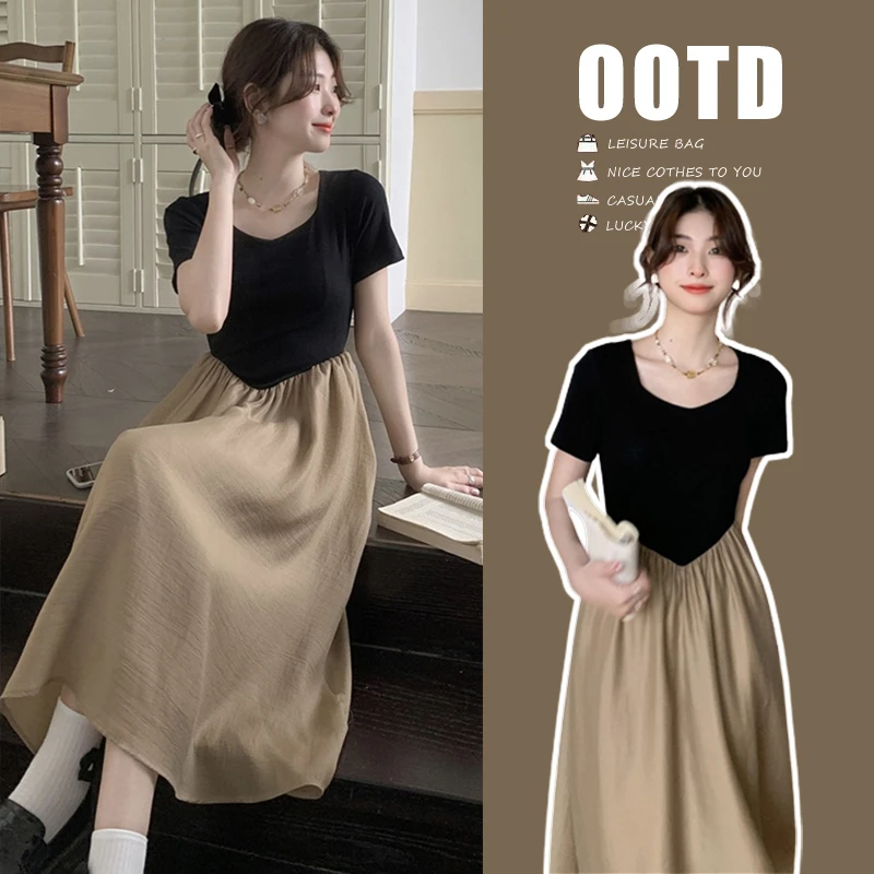 孕妇连衣裙夏装2025新款假两件拼接网红外穿夏季显瘦小个子裙子女