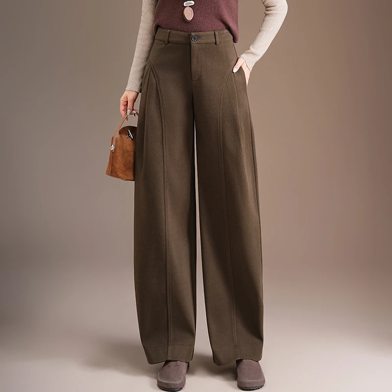加厚毛呢贝斯弯刀裤女2025冬新款高腰显瘦梨形身材阔腿裤子香蕉裤