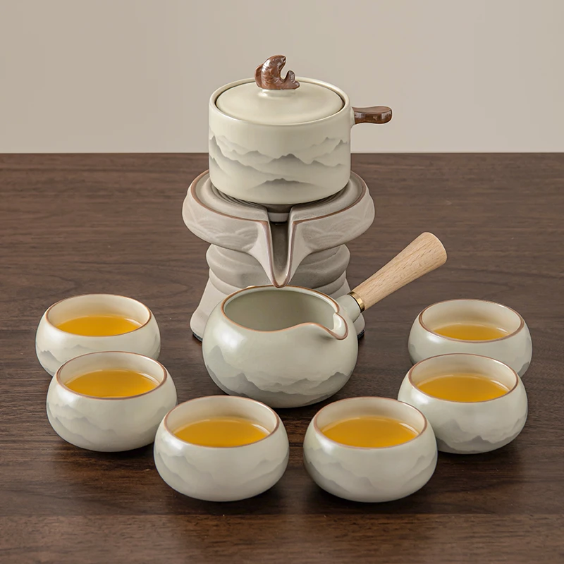 泡茶神器办公家用待客泡茶套装水墨风汝窑旋转懒人自动茶具礼盒装