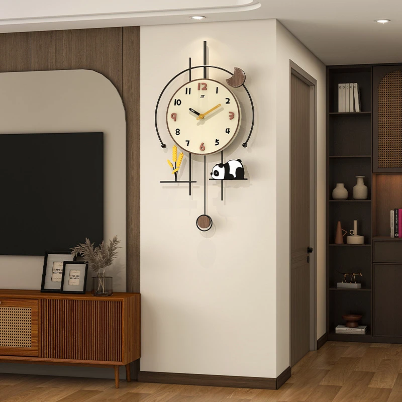 复古熊猫创意时钟简约客厅高级感挂钟家用装饰静音钟表挂墙免打孔