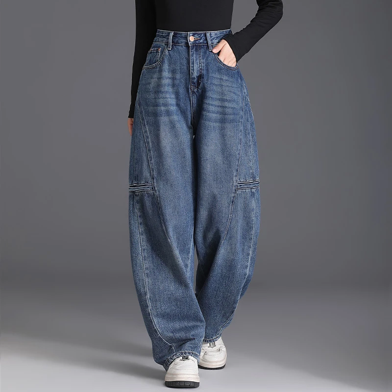 2025年春秋新款美式复古高腰阔腿裤牛仔裤子宽松显瘦大码弯刀裤女