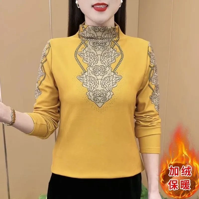 秋冬新款妈妈减龄时尚高档拼色中老年半高领德绒保暖女士打底衫女