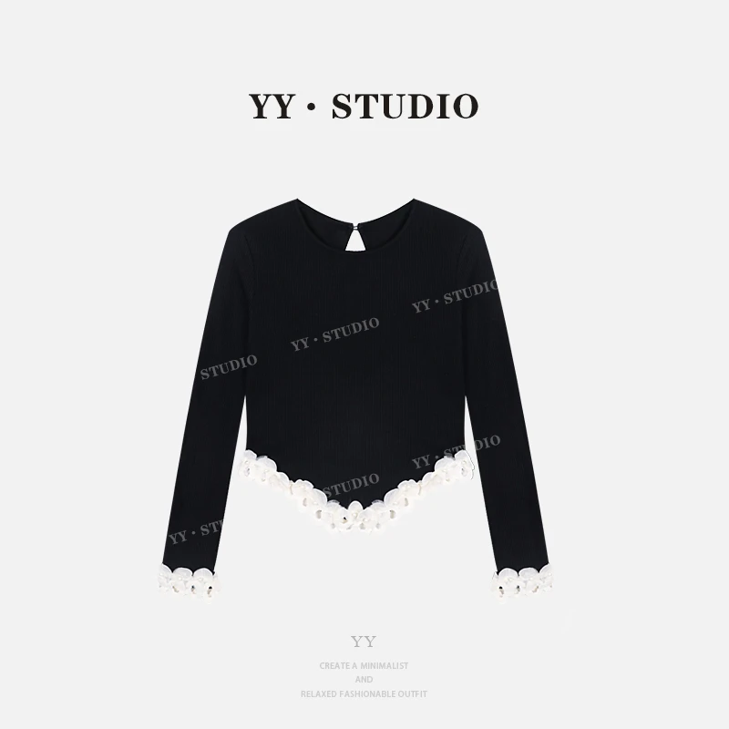 【丢丢专属】夏季新款拼接花边针织长袖YY-7892