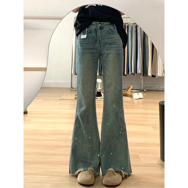 美式复古水洗烫钻微喇牛仔裤女春季宽松毛边显瘦高腰直筒阔腿长裤