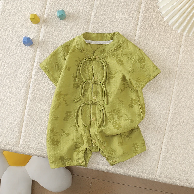 春秋中国风夏季短袖哈衣爬服薄款碎花复古中式锦缎前开宝宝哈衣