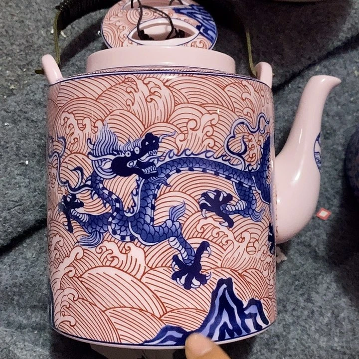 摆件陶红稀土釉里红龙提梁壶