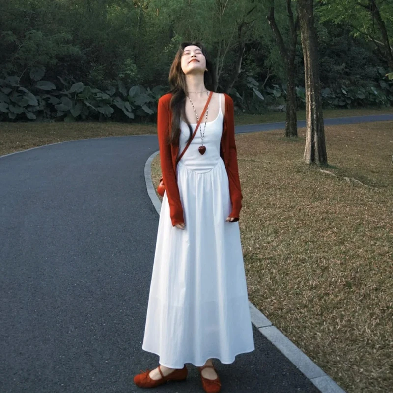 法式白色连衣裙女夏天长裙长款吊带裙海边度假拍照少女长裙穿搭薄