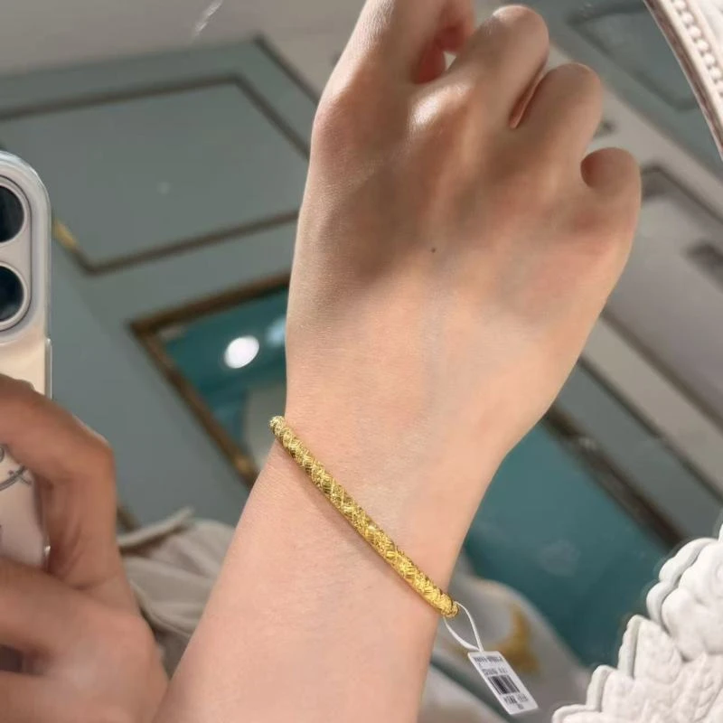 DZ『爆闪』5G菱格纹碎碎冰圆镯 足金999