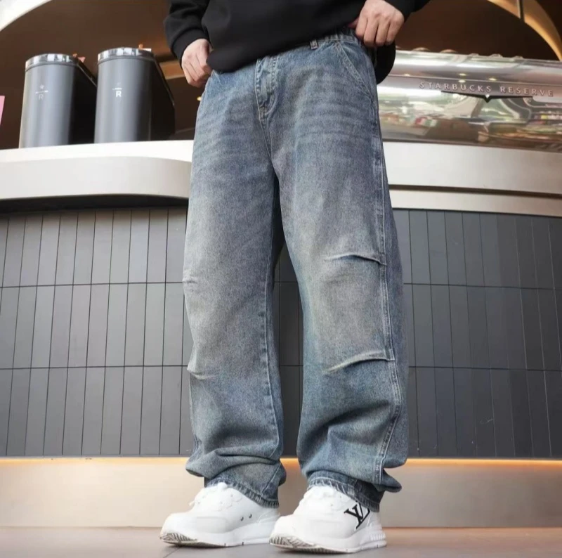 重工美式潮款牛仔裤裤子重磅洗水弯刀阔腿牛仔裤26302