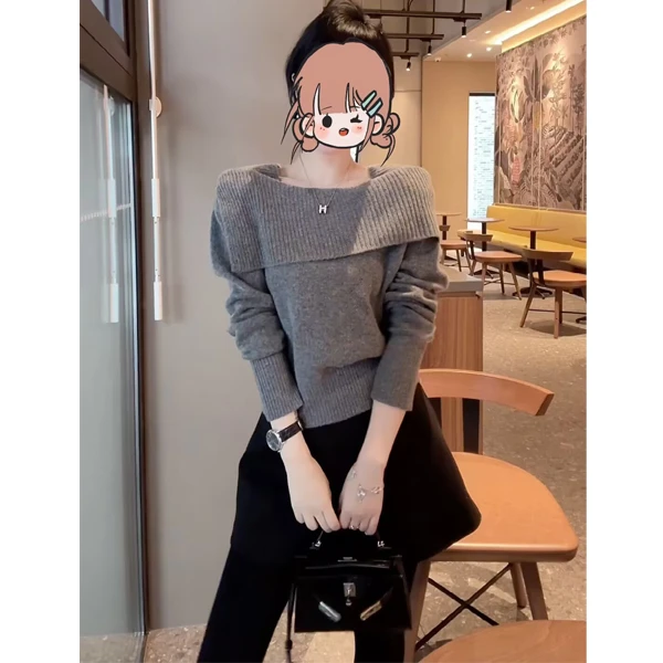 2024秋冬新款时尚洋气减龄翻领长袖针织毛衣女黑色百搭裙裤两件套