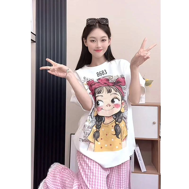 （8683）y2025新款加厚短袖t恤女卡通印花减龄宽松上衣女