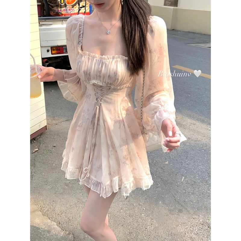白水女 山野栀夏 黄色碎花长袖连衣裙海边雪纺A字短裙 B50348894