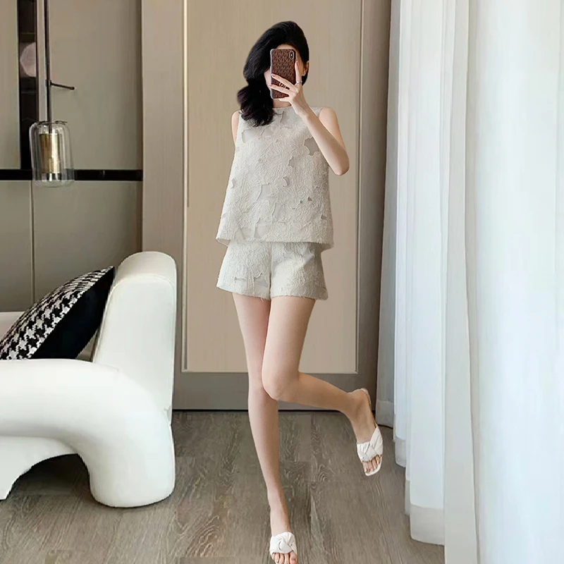 轻奢轻熟冷淡系穿搭夏季新款法式名媛风高级感别致提花短裤两件套