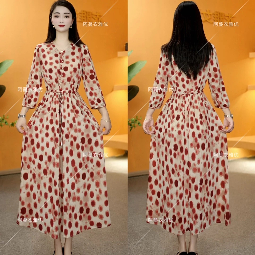 【衣雅严选】8102-1854#新款冰羽丝花边领系带中长袖气质连衣裙