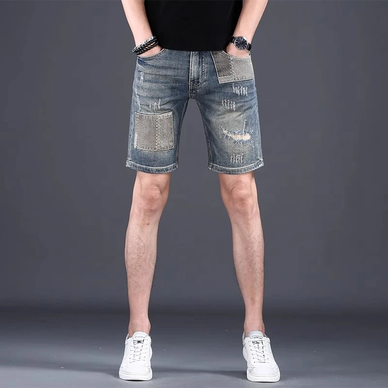 One What高端夏季新款破洞牛仔短裤男潮牌中裤男士修身五分裤潮