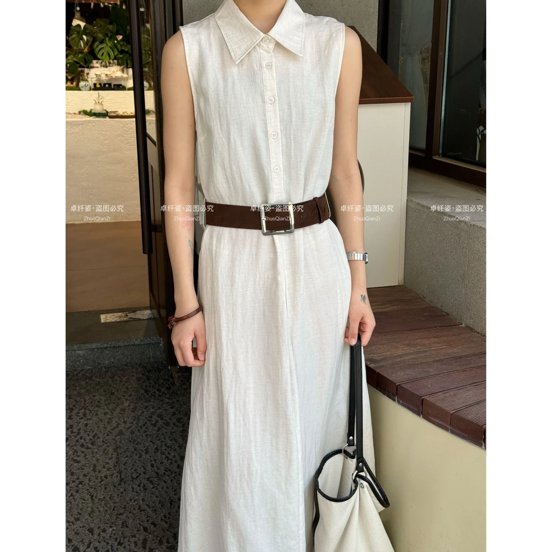 2025夏季新款连衣裙时尚洋气显瘦简约无袖A字版腰带长款连衣裙